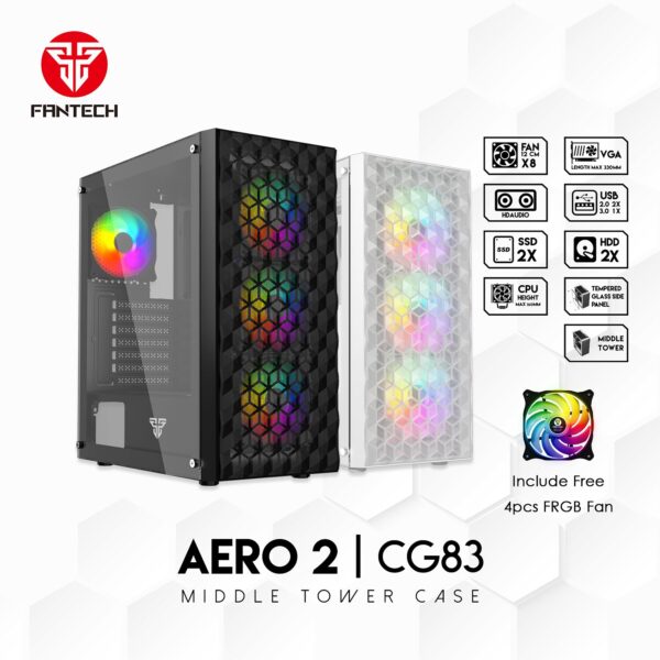 GABINETE PC FANTECH CG-80 | FRENTE MALLA + 4 FAN | NEGRO
