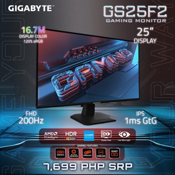 Monitor Gamer Full Hd Ss Ips Hdmi Dp 200 Hz 1ms GYGABYTE 25”