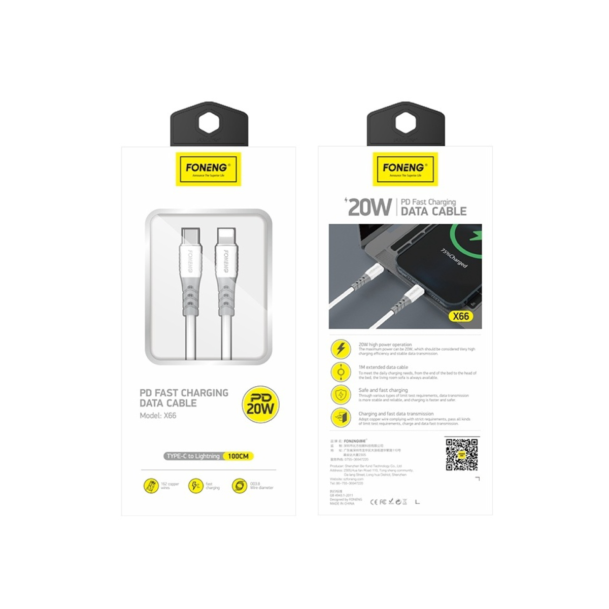 CABLE TIPO C - 2MT - 3A - BLANCO - FONENG X66
