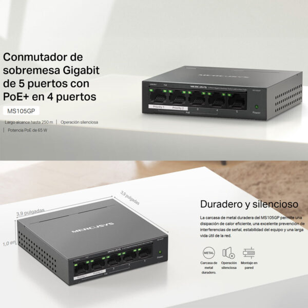 Switch Gigabit Puertos Poe+ 5 Puertos Mercusys Ms105Gp 1Gbps