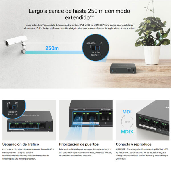 Switch Gigabit Puertos Poe+ 5 Puertos Mercusys Ms105Gp 1Gbps