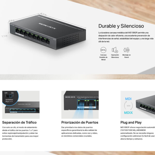 Switch Poe Gigabit Mercusys By Tp-link Ms108gp 8 Puertos