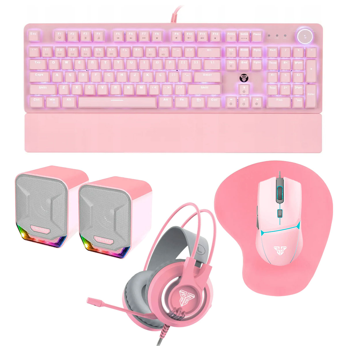 Combo Gamer Rosa Mouse + Teclado + Auriculares + Parlantes