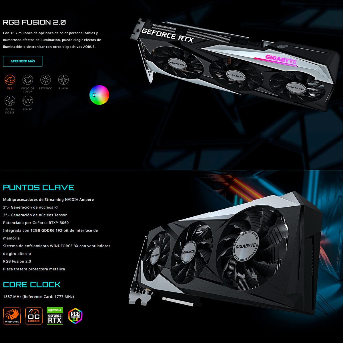 Tarjeta Grafica Gigabyte RTX 3060 12Gb Gaming Oc Rgb 3 Fanes