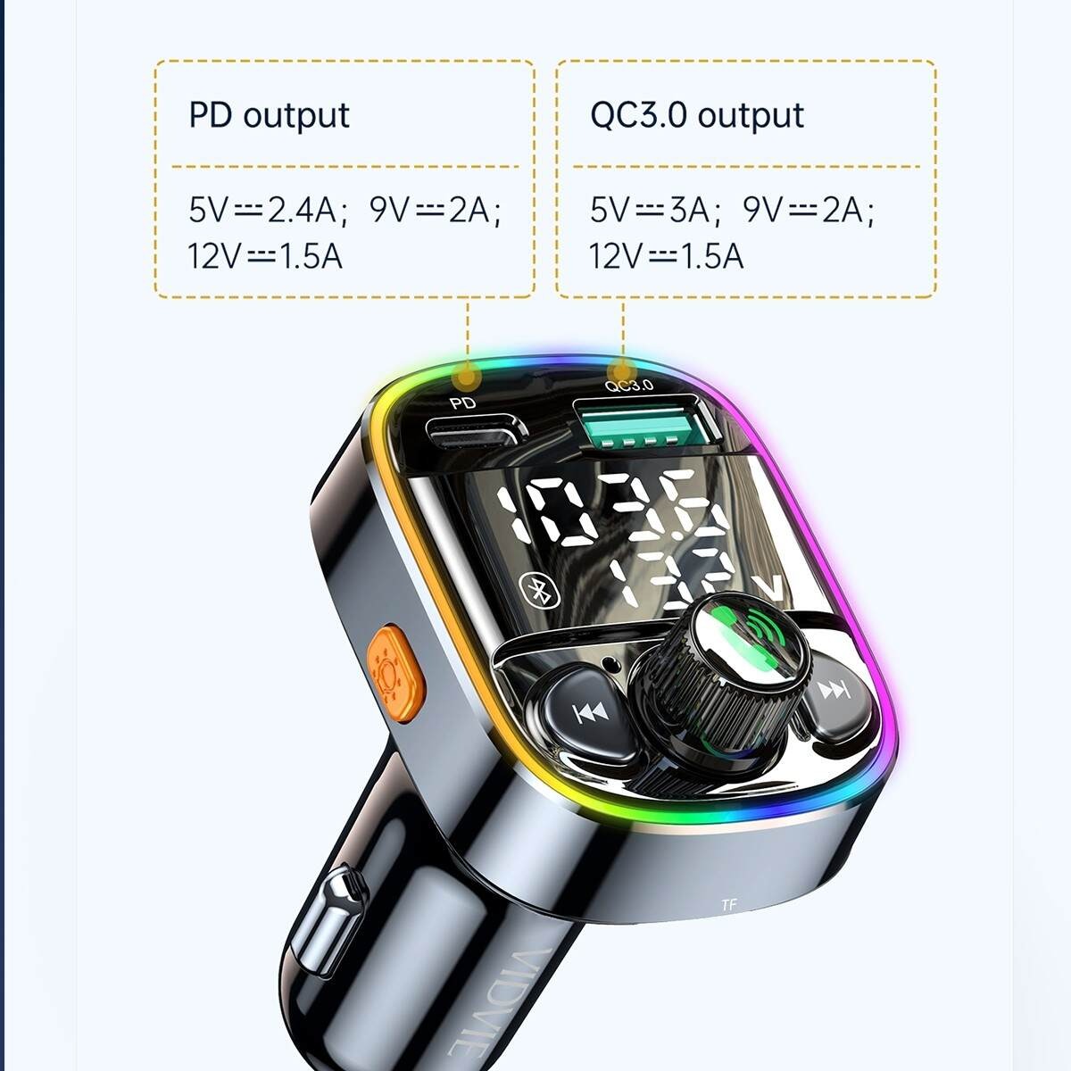SINTONIZADOR CARG. AUTO TIPO-C O IPHONE FM03 48W/RGB VIDVIE