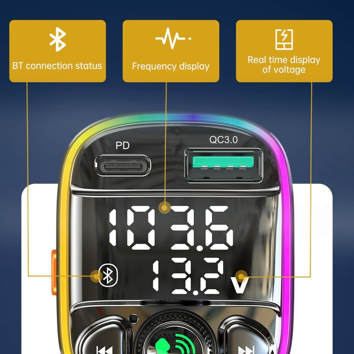 SINTONIZADOR CARG. AUTO TIPO-C O IPHONE FM03 48W/RGB VIDVIE