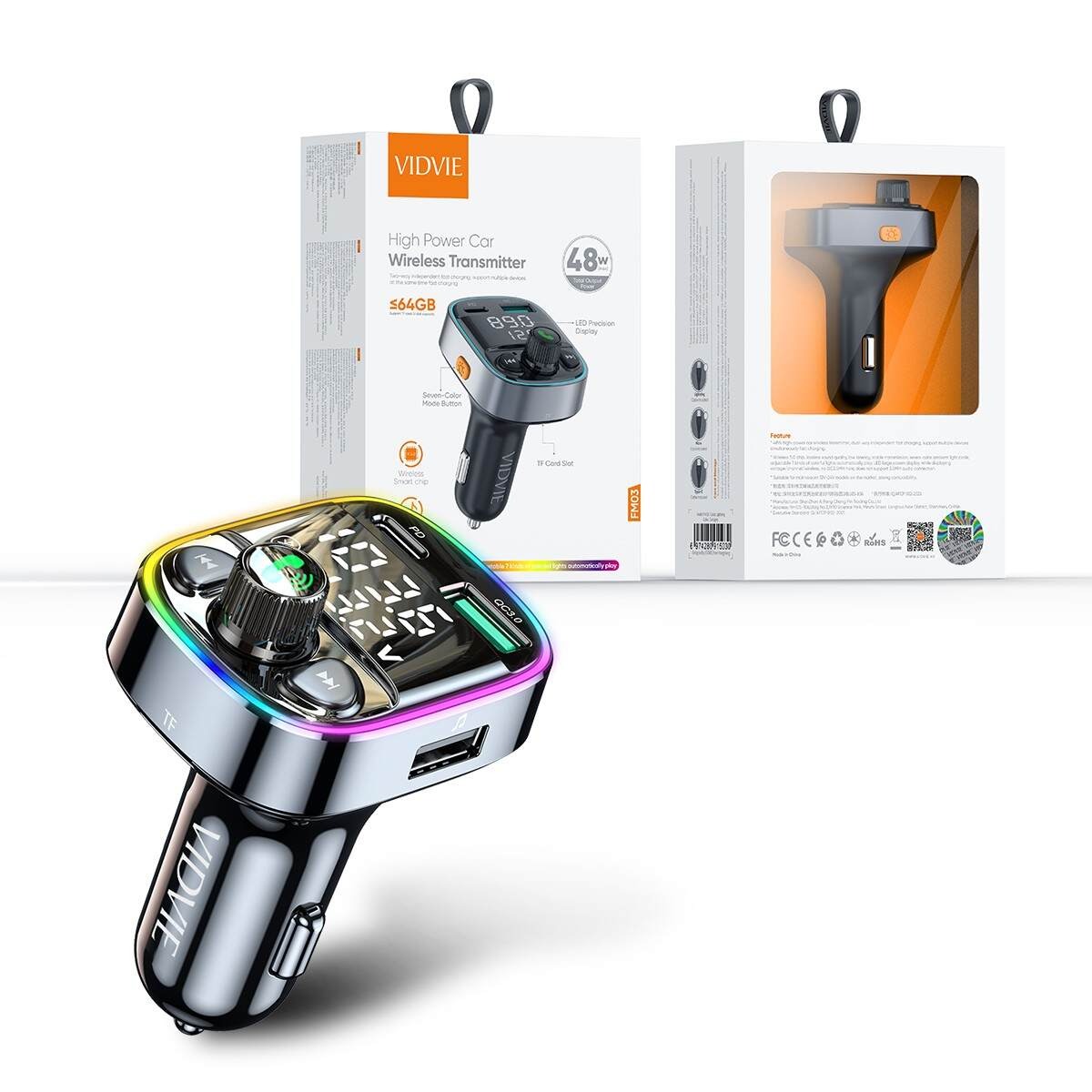SINTONIZADOR CARG. AUTO TIPO-C O IPHONE FM03 48W/RGB VIDVIE